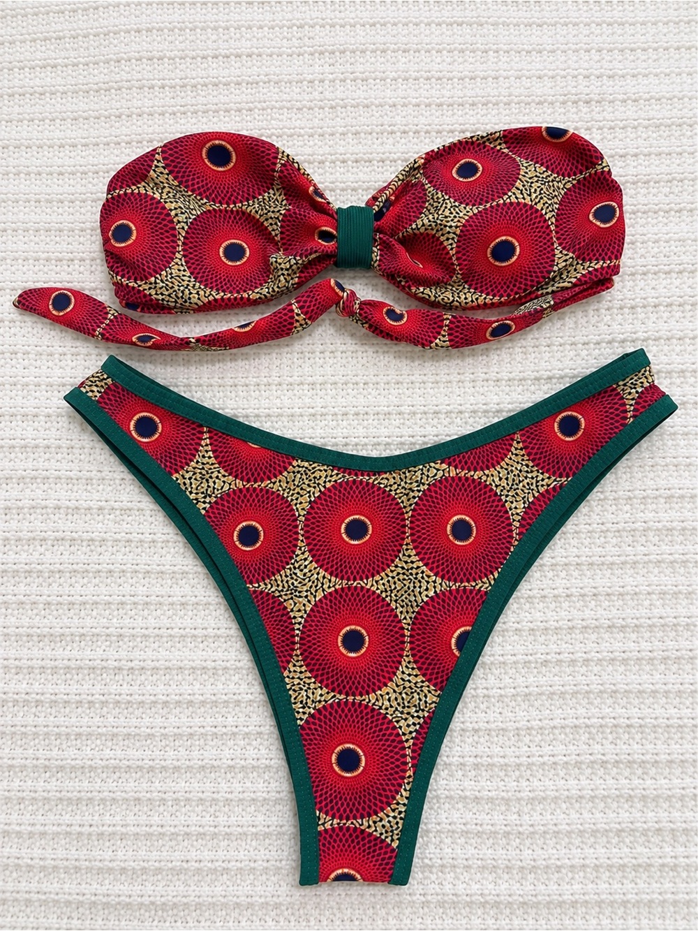 African Print Bandeau Bikini Set Red & Green Size Small